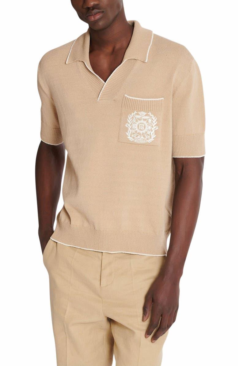 Balmain Écusson Embroidered Knit Polo Shirt, Alternate, color, Beige