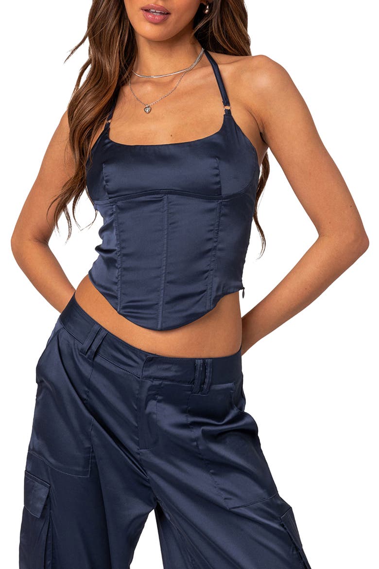 Kelsey Lace-Up Back Satin Halter Neck Corset, Main, color, NAVY