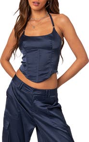 EDIKTED Kelsey Lace-Up Back Satin Halter Neck Corset