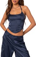 EDIKTED Kelsey Lace-Up Back Satin Halter Neck Corset