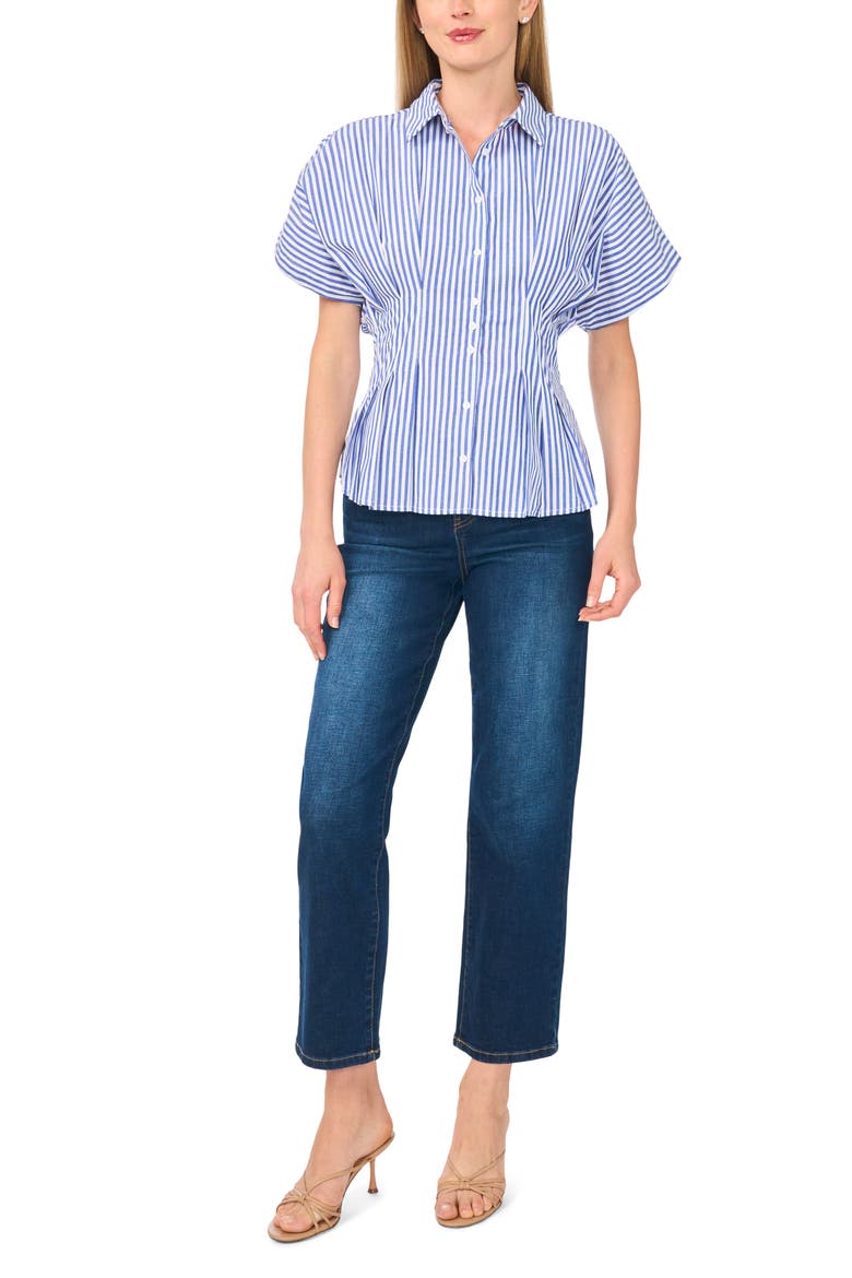 Stripe Short Sleeve Pleated Button-Up Shirt, Alternate, color, BLUE MULTI