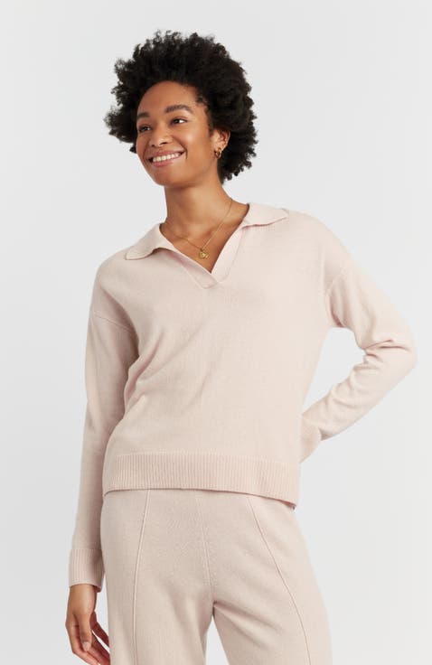 Wool Cashmere Blend V Neck Collared Sweater