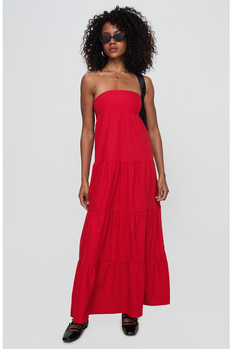 Kazia Strapless Tiered Cotton & Linen Maxi Sundress, Alternate, color, RED