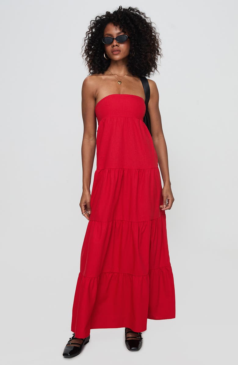 Princess Polly Kazia Strapless Tiered Cotton & Linen Maxi Sundress, Alternate, color, Red