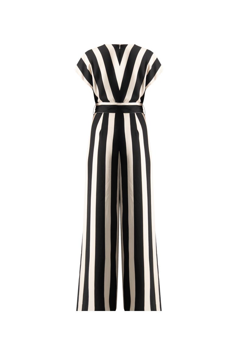Striped V-Neck Jumpsuit with Waist Tie, Alternate, color, Black