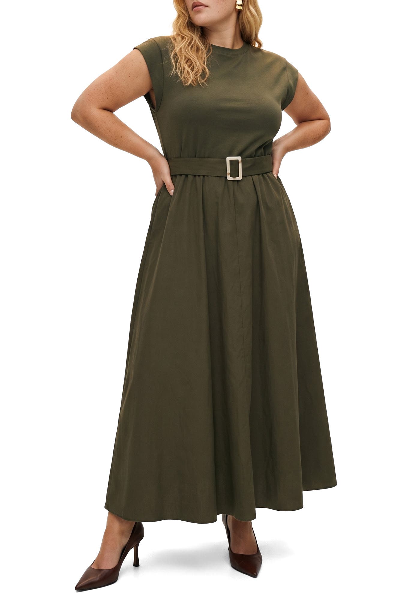 Mixed Media Belted Fit & Flare Dress