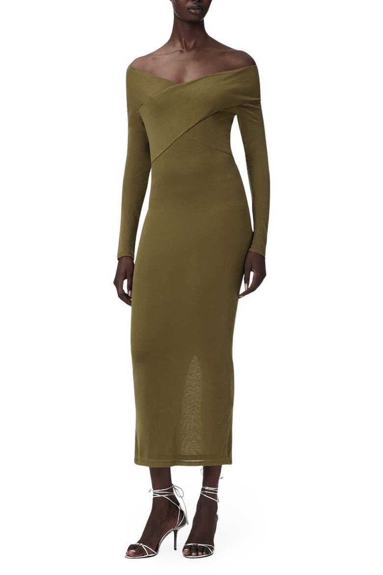 Delta Off the Shoulder Long Sleeve Jersey Midi Dress, Main, color, KHAKI GREEN