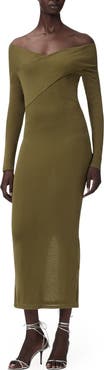 AllSaints Delta Off the Shoulder Long Sleeve Jersey Midi Dress