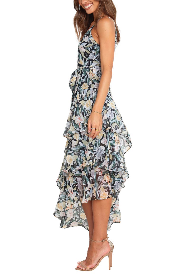 Amren Floral One-Shoulder Tiered Asymmetric Dress, Alternate, color, BLACK