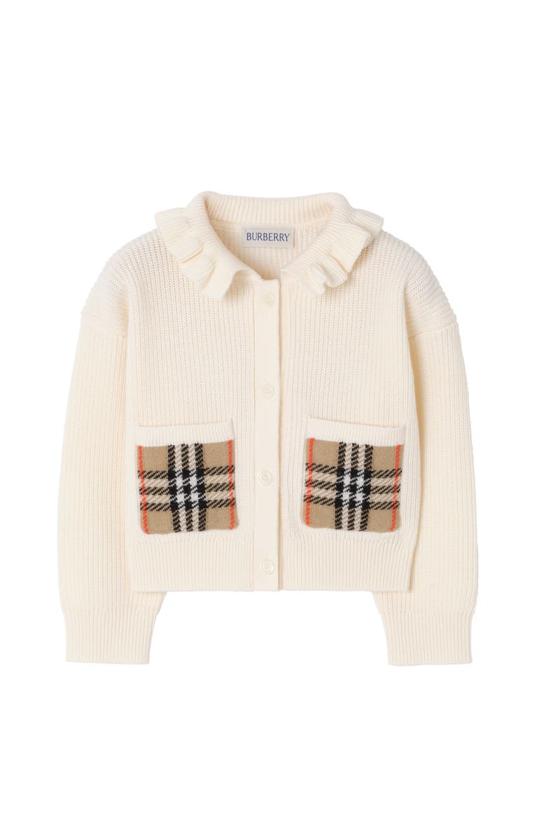 Girls' Check Pocket Cotton Wool Cardigan, Main, color, Ivory white