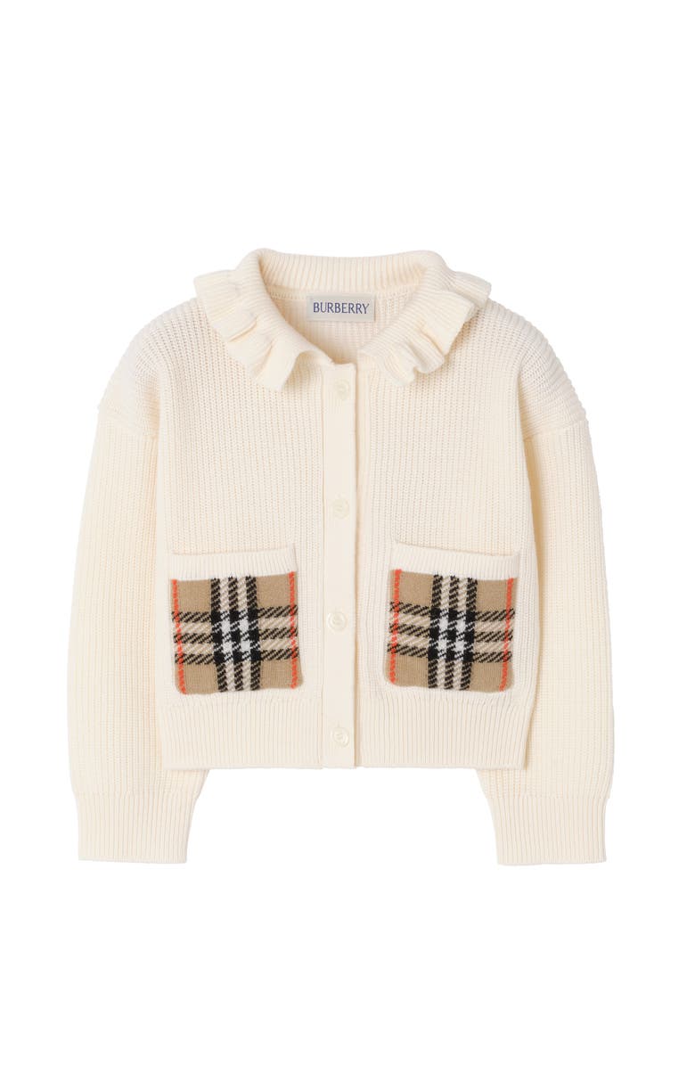 Burberry Girls' Check Pocket Cotton Wool Cardigan, Main, color, Ivory White