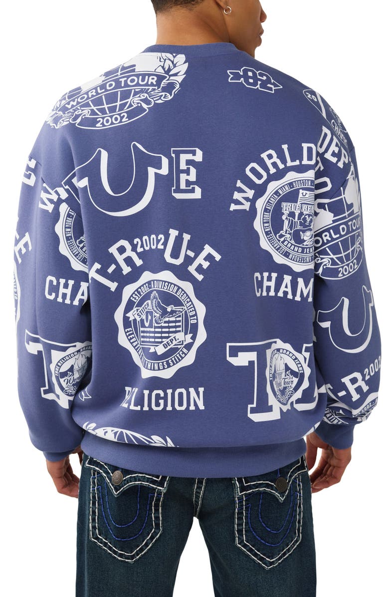 True Religion Allover Logo Oversize Crewneck Sweatshirt, Alternate, color, 