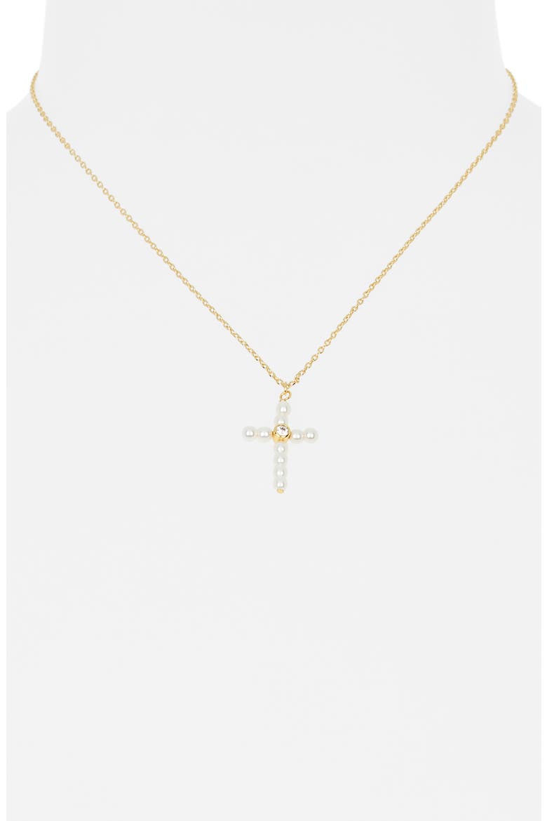 Faux Pearl and Cubic Zirconia Cross Pendant Necklace, Alternate, color, GOLD