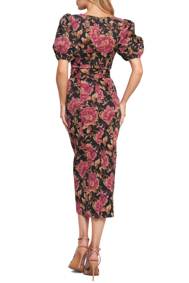 Floral Print Puff Sleeve Midi Dress, Alternate, color, BLACK