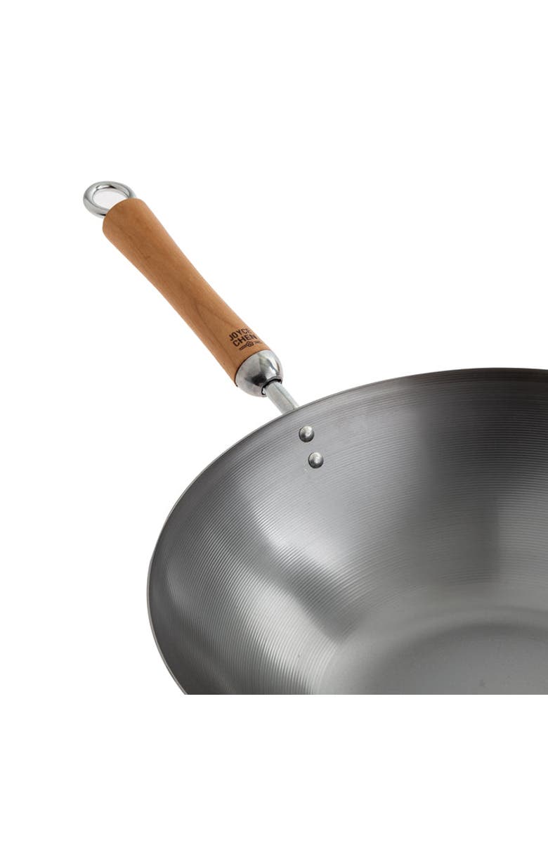 JOYCE CHEN Uncoated Carbon Steel Flat Bottom Wok with Birch Handles, 14-Inch, Alternate, color, Metallic Silver