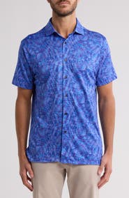 CONSTRUCT Slim Fit Large Monstera 4-Way Stretch Short Sleeve Button-Up Shirt