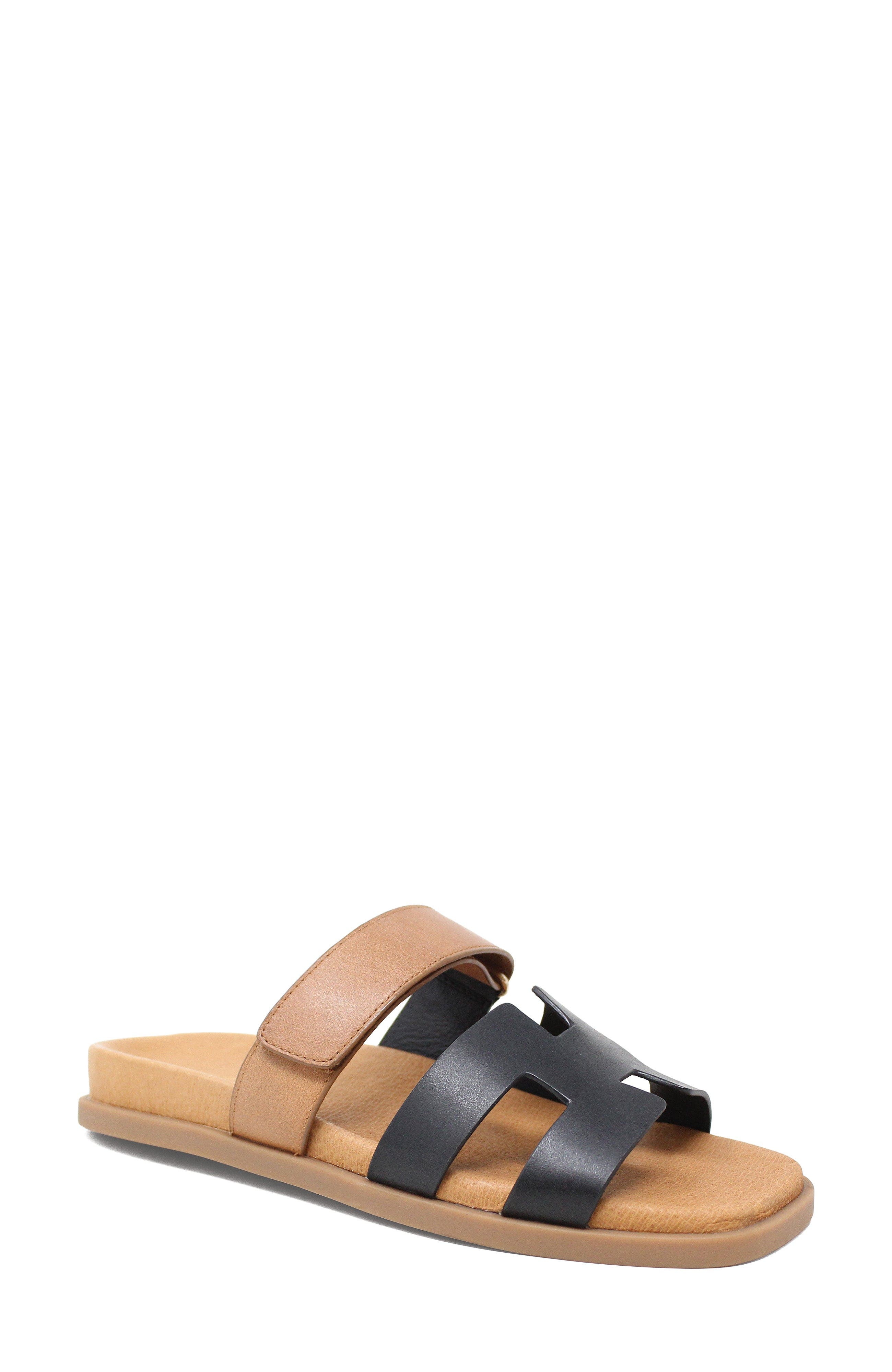 DJANGO AND JULIETTE Nodette Flat Sandal Slide, Main, color, Black-Tan Leather