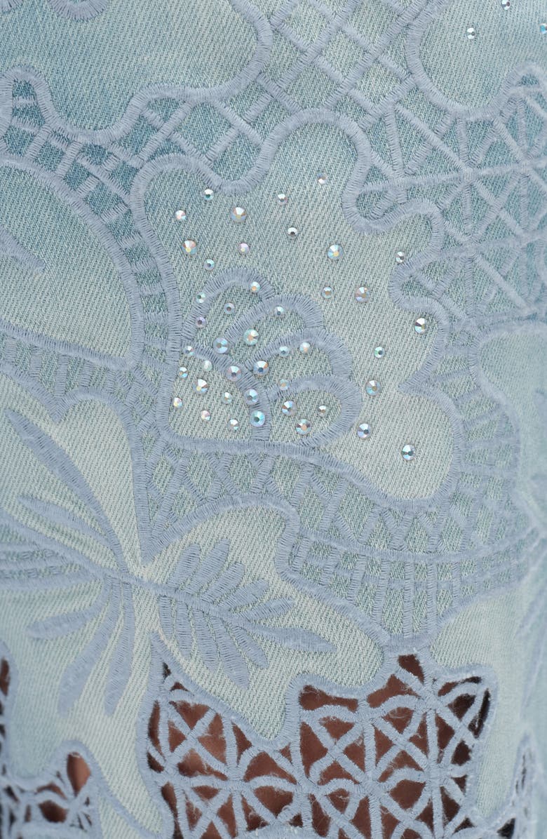 Bayeas Crystal Embroidered Raw Hem High Waist Relaxed Straight Leg Jeans, Alternate, color, Light Blue