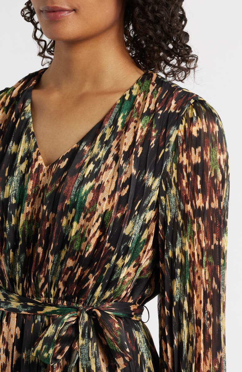 Sam Edelman Metallic Plissé Long Sleeve Midi Dress, Alternate, color, Black Multi