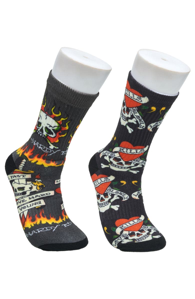 Ed Hardy Flaming Skull 360 Print Full Cushion Crew Sock 2-Pack, Main, color, Grey