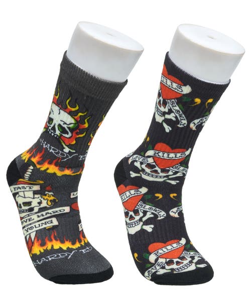 Ed Hardy Flaming Skull 360 Print Full Cushion Crew Sock 2-pack In Gray