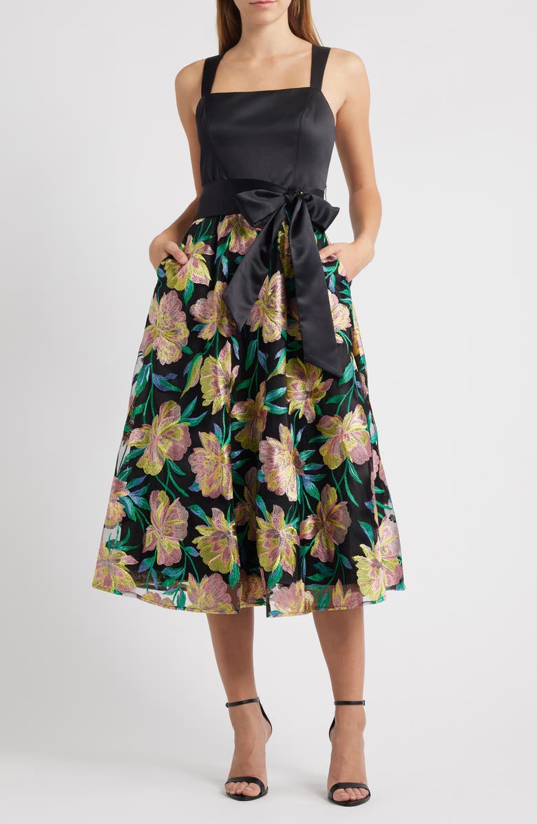 Tahari ASL Embroidered Sleeveless Satin Dress, Main, color, Black Multi