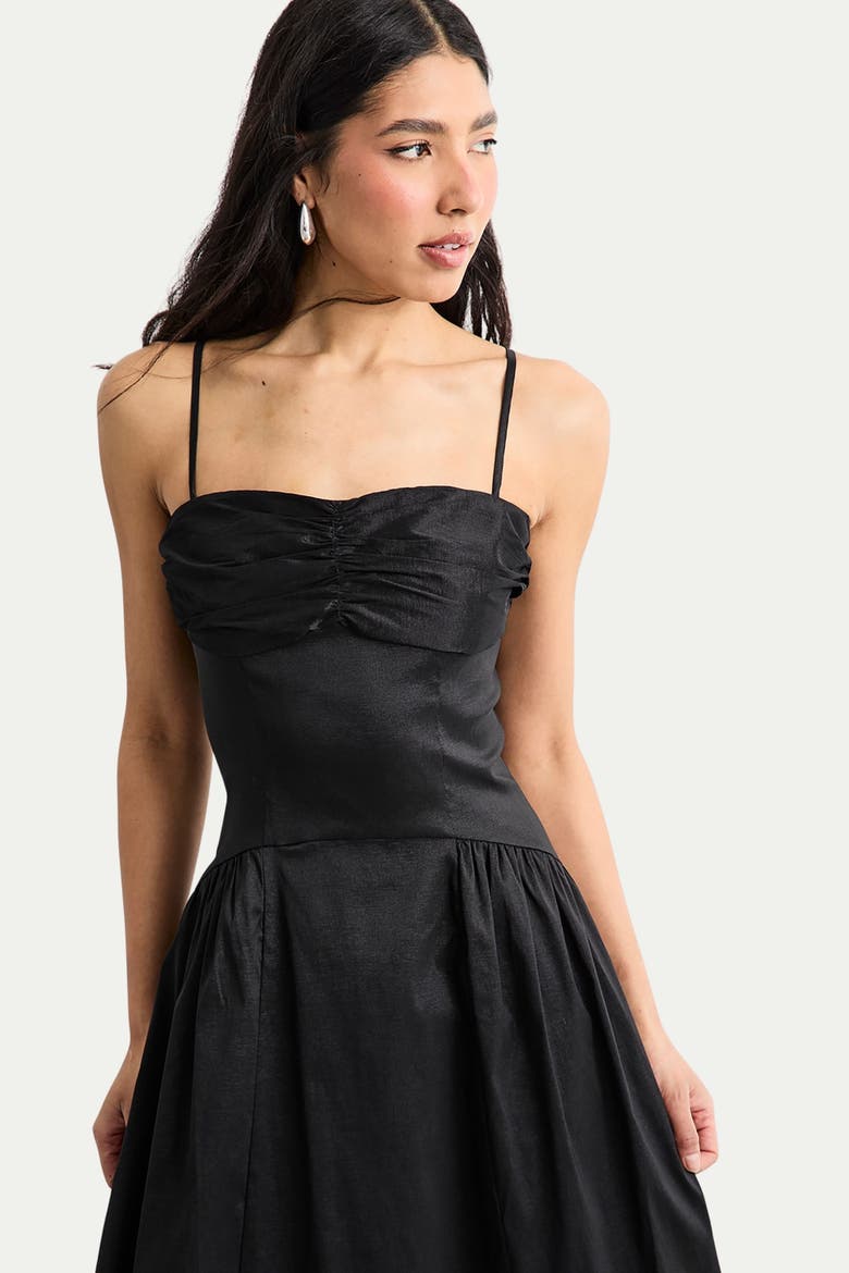 Dropped Waist Ruched Bust Midi Dress, Alternate, color, Black