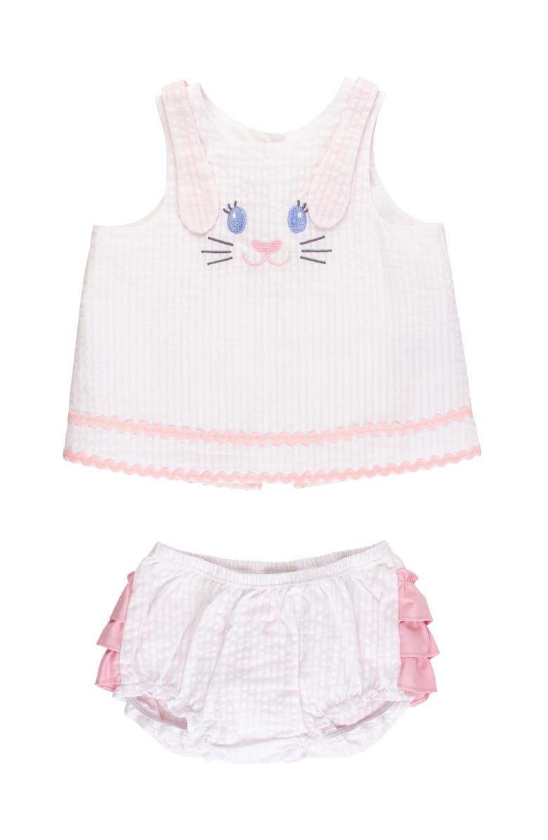 RuffleButts Seersucker Applique Swing Top and Bloomer Set, Main, color, Pink Bunny Ears Seersucker