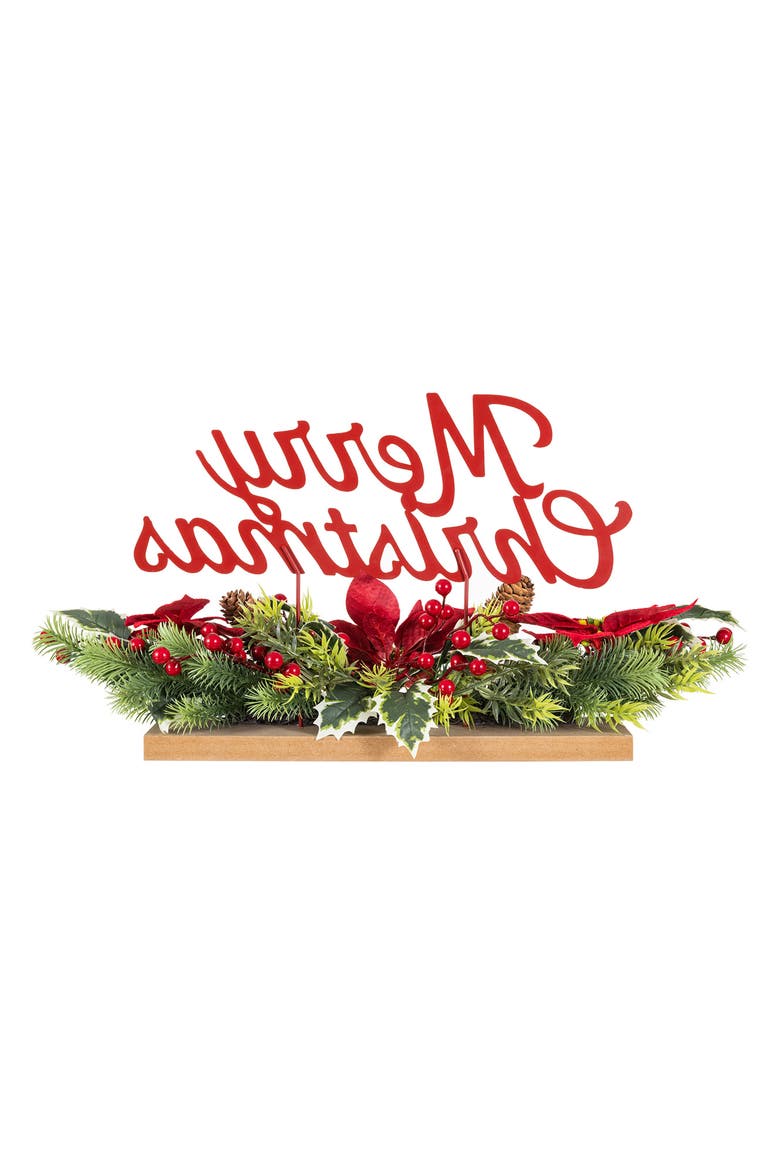 24"L Metal Merry Christmas Poinsettia Table Centerpiece, Alternate, color, Red