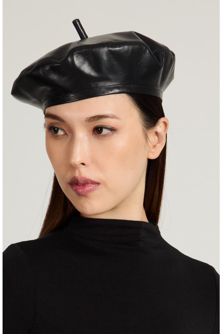 Carter Leather Beret, Alternate, color, BLACK