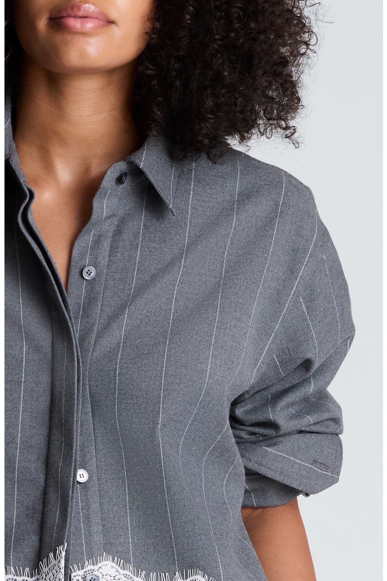 Pinstripe Lace Trim Oversized Button Front Shirt, Alternate, color, MED HEATHER GREY / WHITE