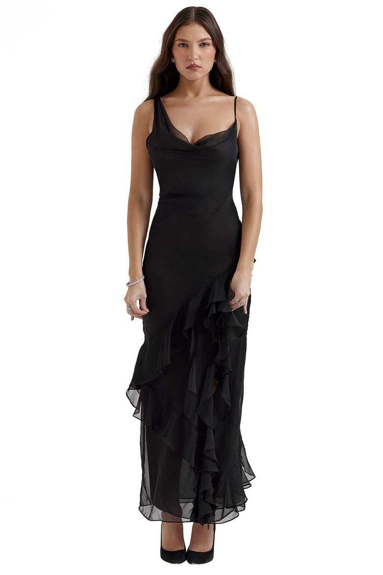 Malila Ruffle Cowl Neck Chiffon Cocktail Dress, Alternate, color, BLACK