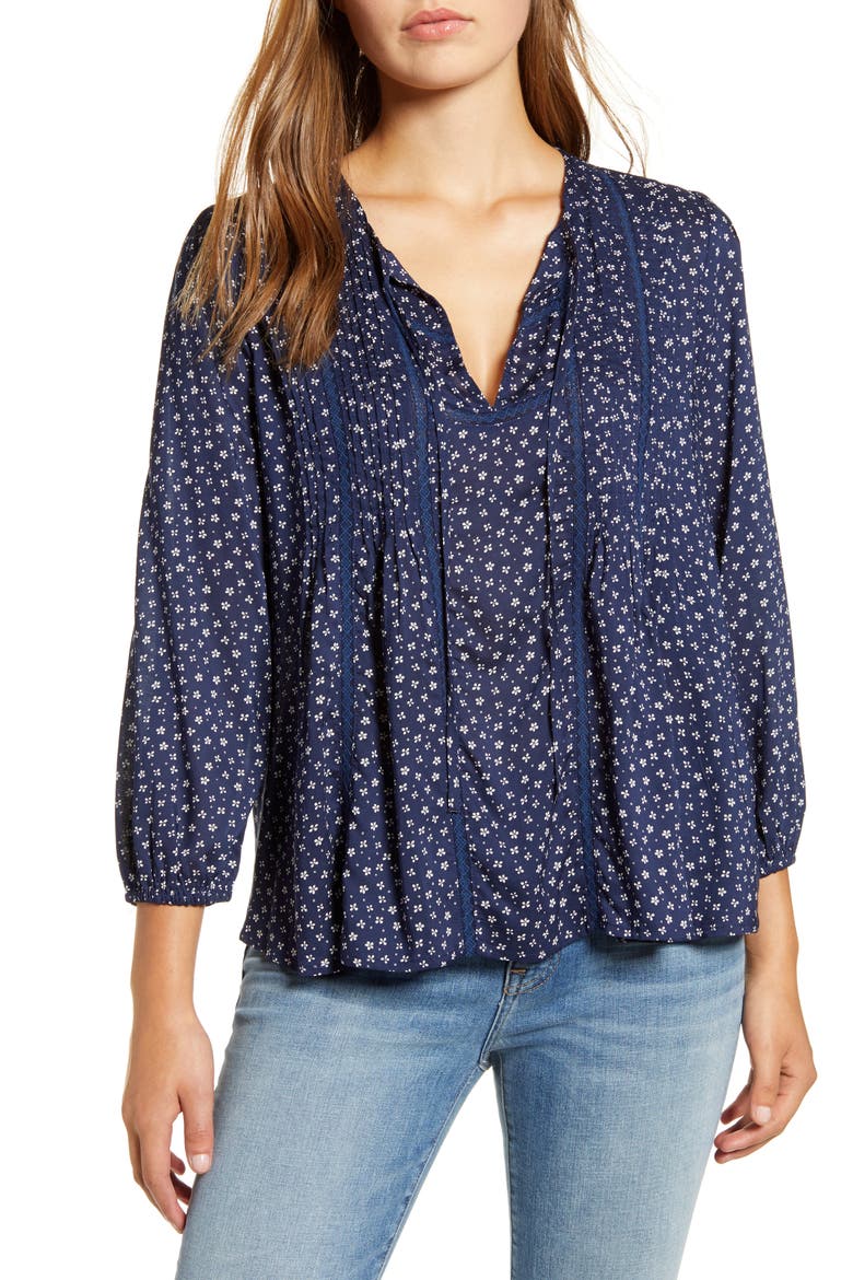 Print Pleated Popover Top, Main, color, NAVY MULTI