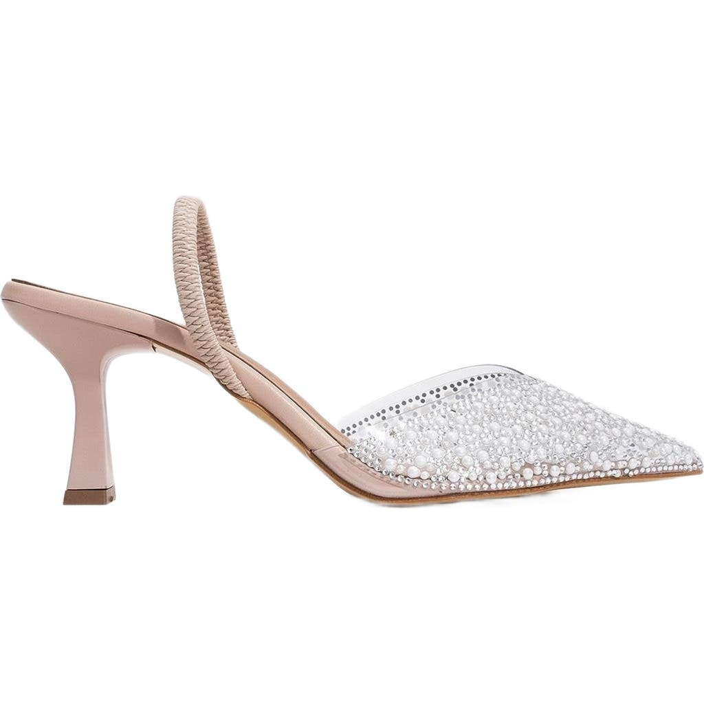 Forever & Always Shoes Whena Embellished Slingback Kitten Heel Pumps In Transparent With Pearls