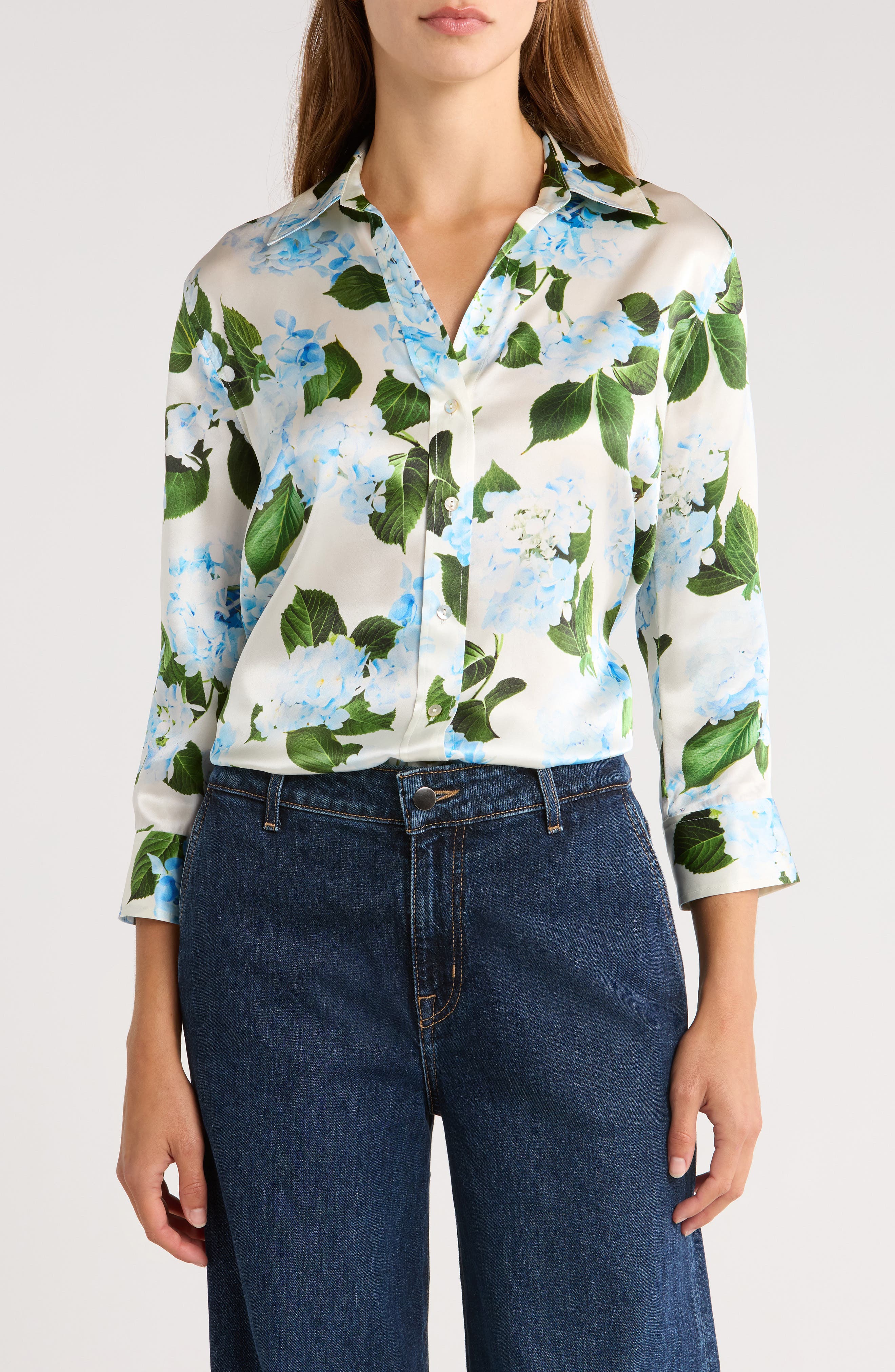 L'AGENCE Dani Floral Three-Quarter Sleeve Silk Button-Up Shirt