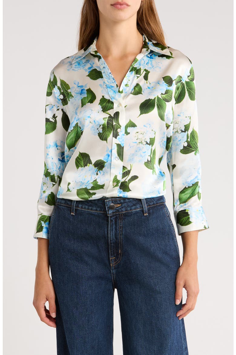 Dani Floral Three-Quarter Sleeve Silk Button-Up Shirt, Main, color, IVORY/ LIGHT BLUE HYDRANGEA