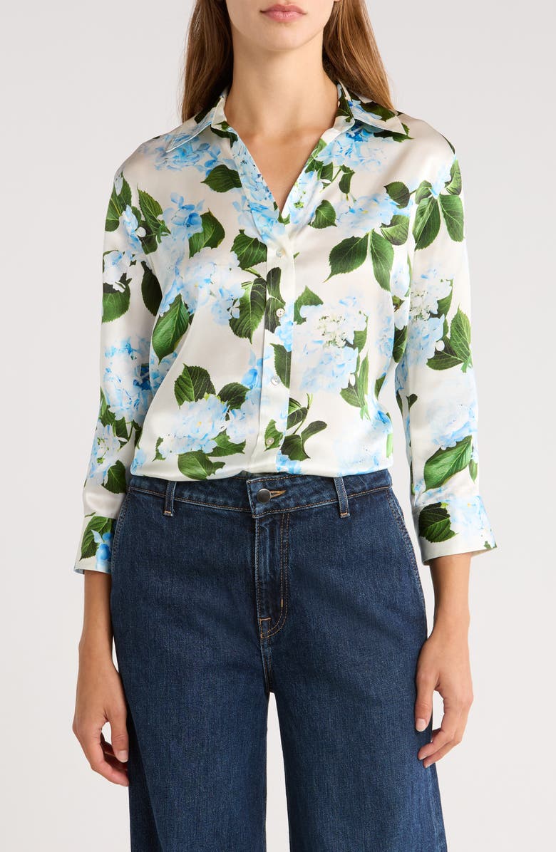 L'AGENCE Dani Floral Three-Quarter Sleeve Silk Button-Up Shirt, Main, color, Ivory/ Light Blue Hydrangea