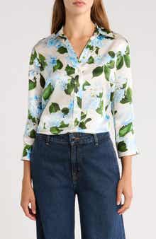 Dani Floral Three-Quarter Sleeve Silk Button-Up Shirt