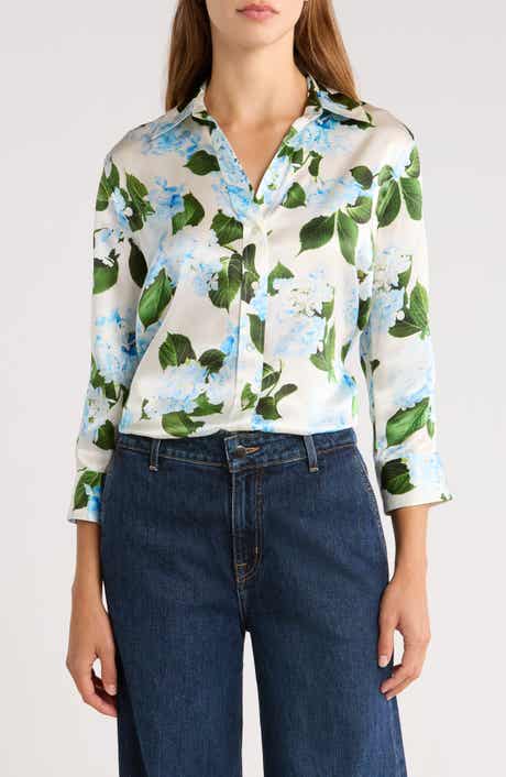 L'AGENCE Dani Floral Three-Quarter Sleeve Silk Button-Up Shirt