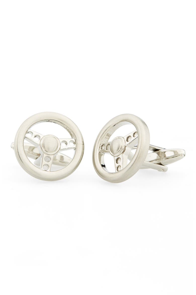 'Steering Wheel' Cuff Links, Main, color, SILVER