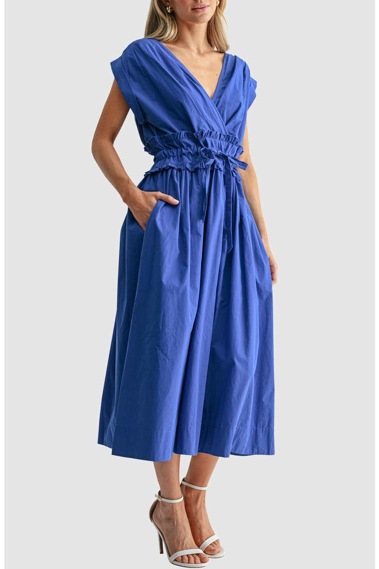 V-Neck Tie Waist Midi Dress, Alternate, color, COBALT