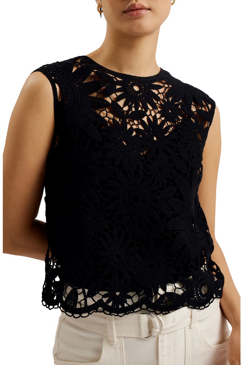 Katrnn Sleeveless Cotton Crochet Top, Main, color, BLACK