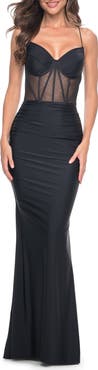 La Femme Jersey Dress with Illusion Waist and Bustier Top