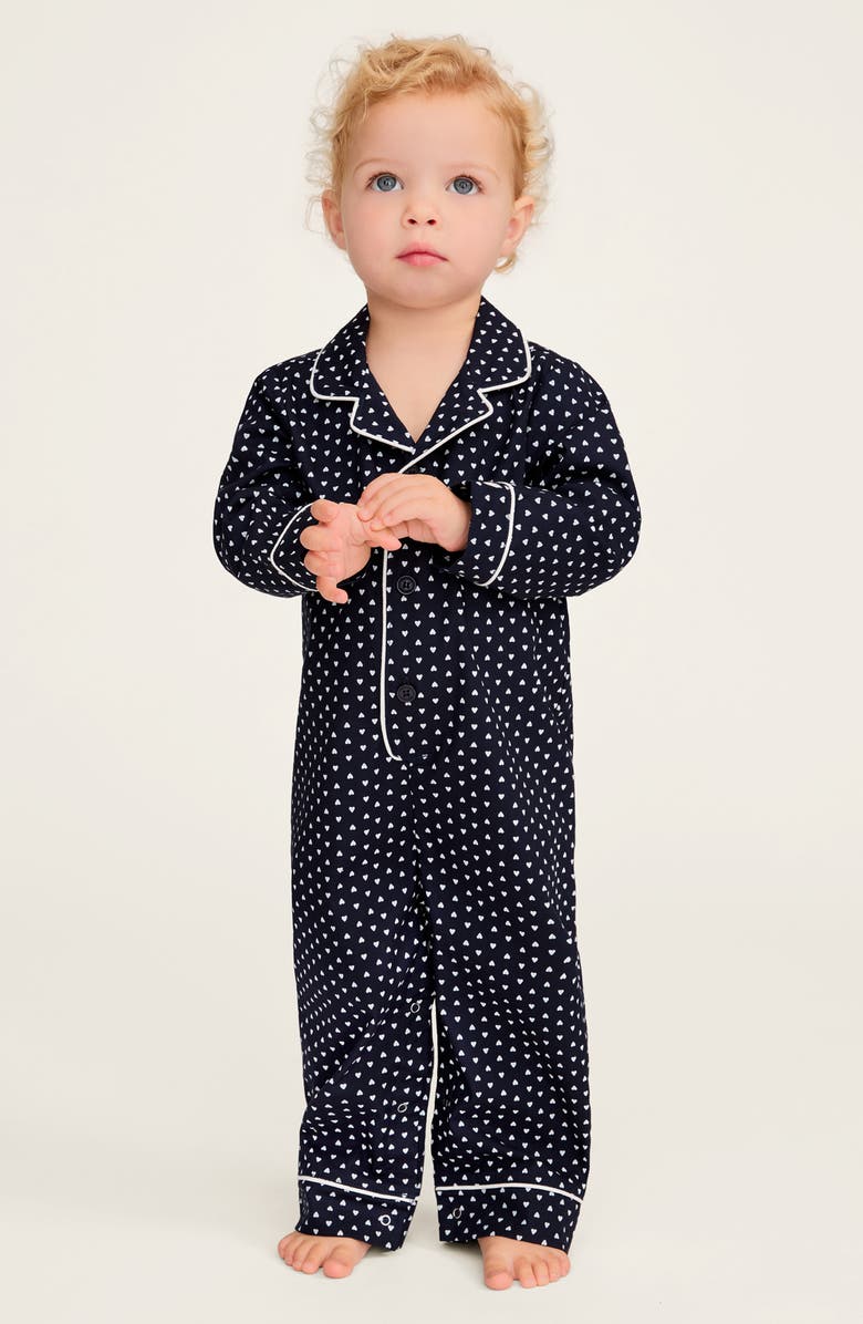 Petite Plume Print One-Piece Brushed Twill Pajamas, Alternate, color, Navy