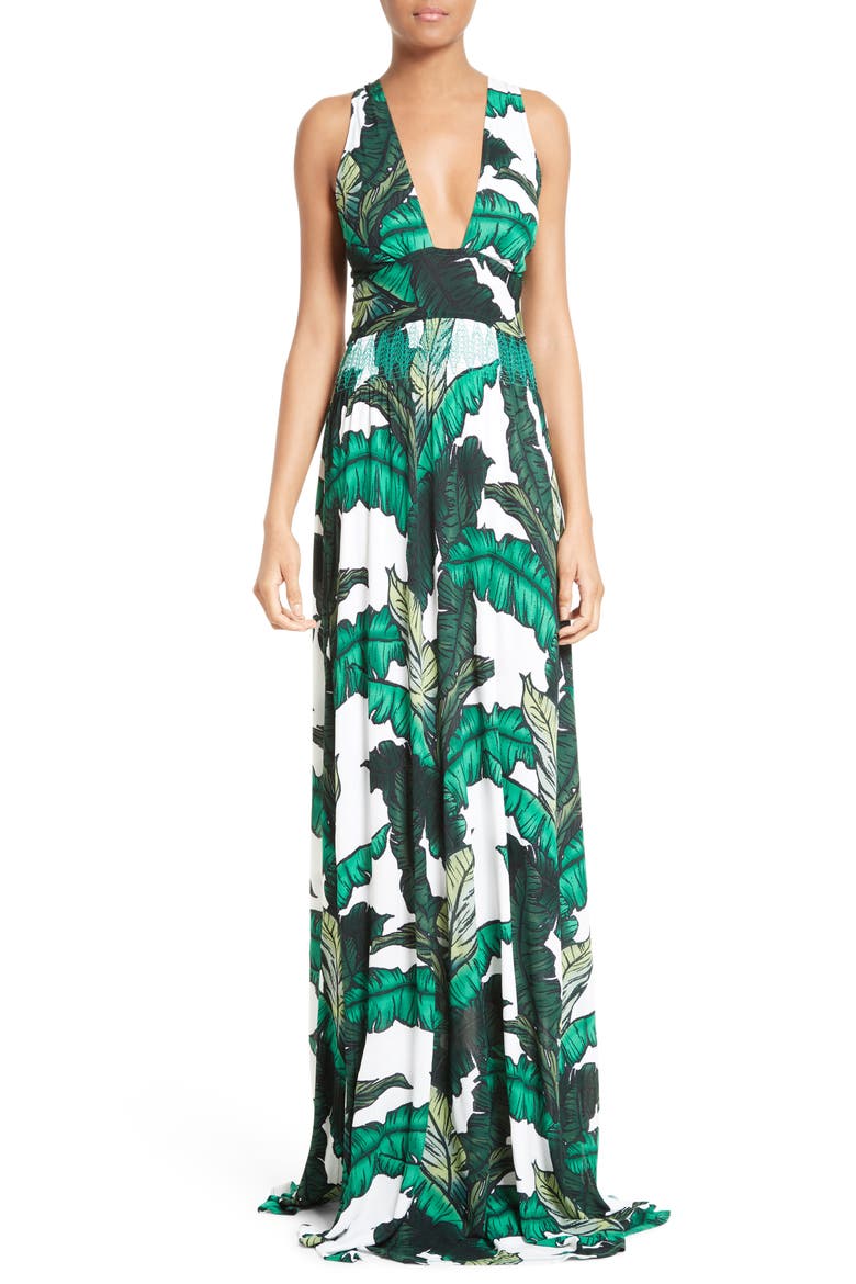 Print Jersey Crisscross Maxi Dress, Main, color, GREEN LEAVES