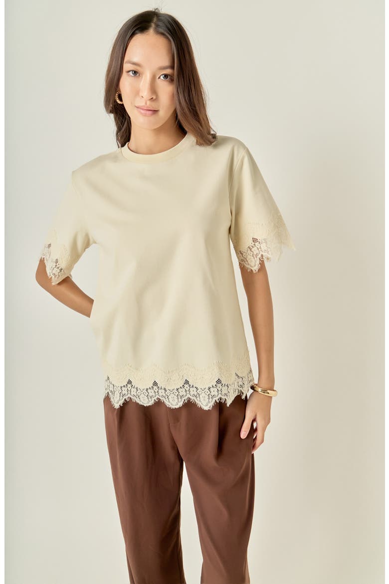 Lace Trim Cotton T-Shirt, Alternate, color, CREAM