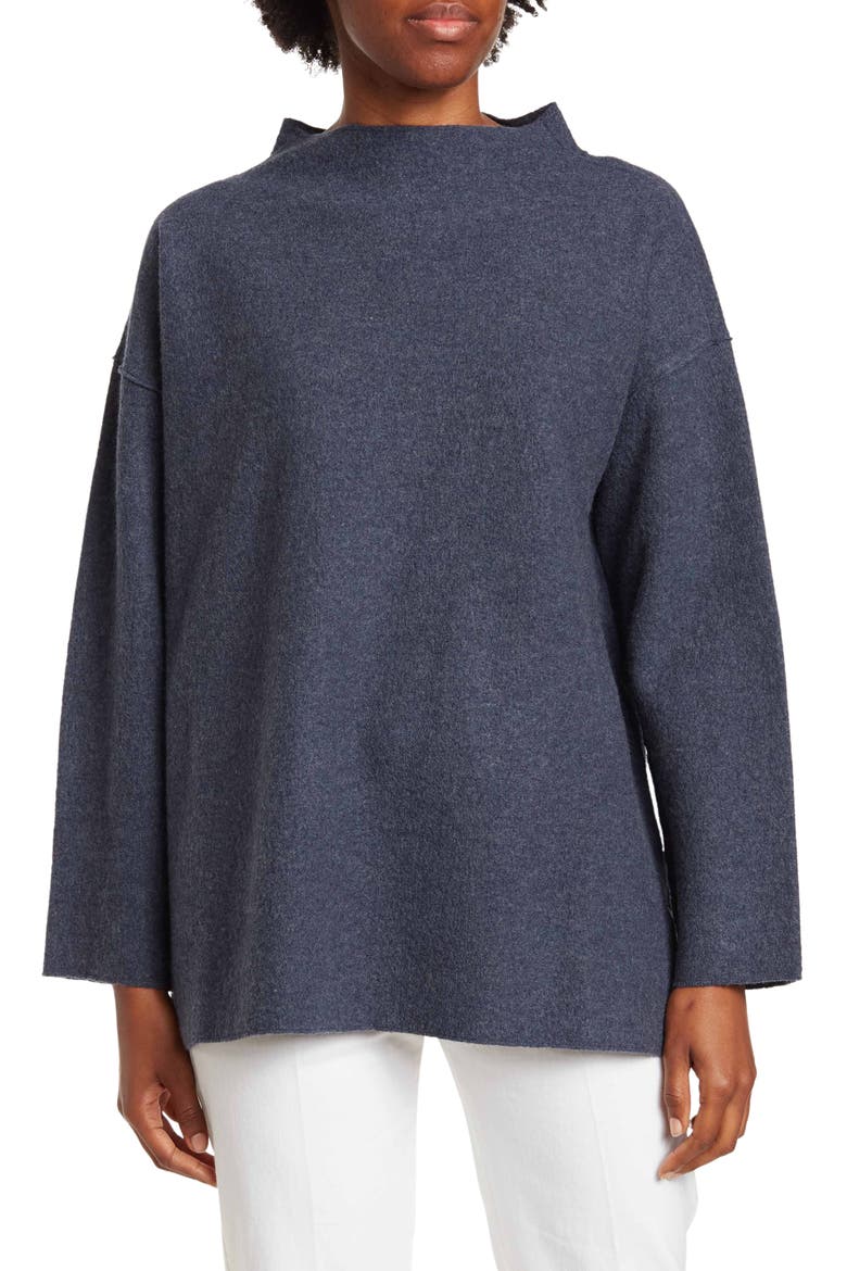 Funnel Neck Boxy Boiled Wool Sweater, Main, color, OCEAN
