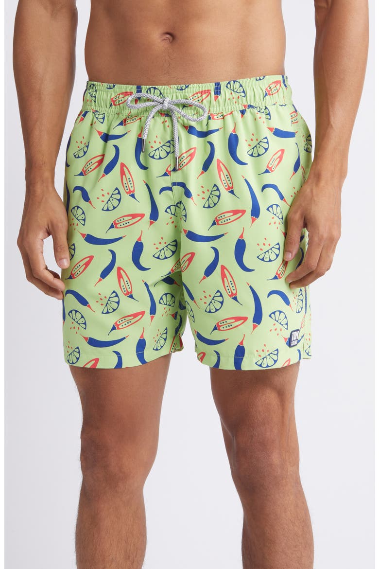 Chilli Print Performance Swim Trunks, Main, color, LIME/ BLUE