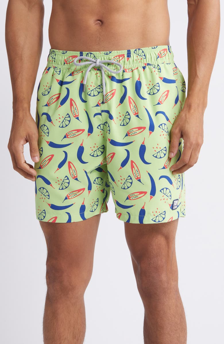 Tom & Teddy Chilli Print Performance Swim Trunks, Main, color, Lime/ Blue