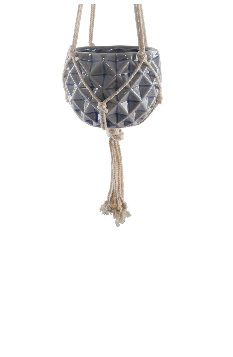 FLORA BUNDA 5 x 5" Ceramic Macramé Hanging Planter - Glass Blue, Main, color, Blue
